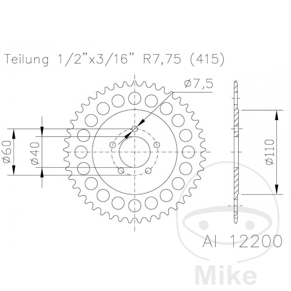 Alu-Kettenrad 44Z Teilung 415 silber Esjot Innendurchmesser 040 ...